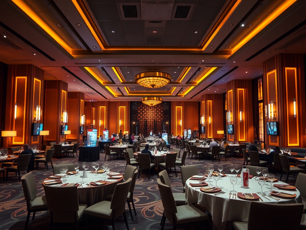 Modern casino hotel event lounge with warm ambient lighting, stylish seating, elegant banquet tables, subtle gaming decor, people relaxing, cinematic depth of field, luxurious calm, no logos