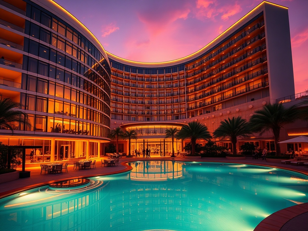 "modern luxury casino hotel resort at dusk, elegant curved glass facade, warm ambient lighting, inviting lobby lounge, sleek poolside wellness, gourmet dining glow, stylish guests"