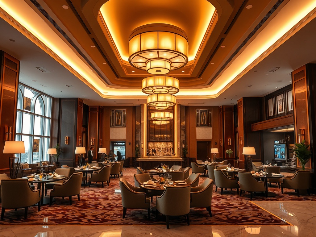 Modern casino hotel lobby, warm elegant lighting, plush seating, gourmet dining ambiance, concierge hospitality gestures, wellness spa glow, inviting resort atmosphere, ultra realistic, no logos.