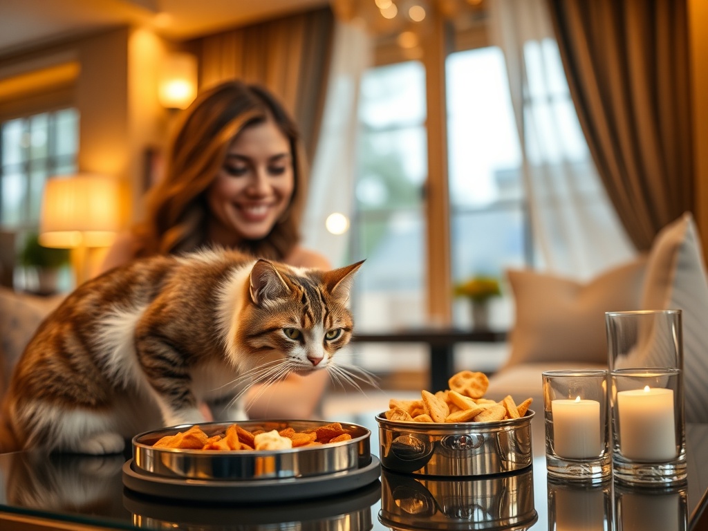 Cozy luxury interior, warm lighting, a happy cat curiously sniffing gourmet pet food beside a smiling owner, elegant resort vibe, shallow depth of field. "