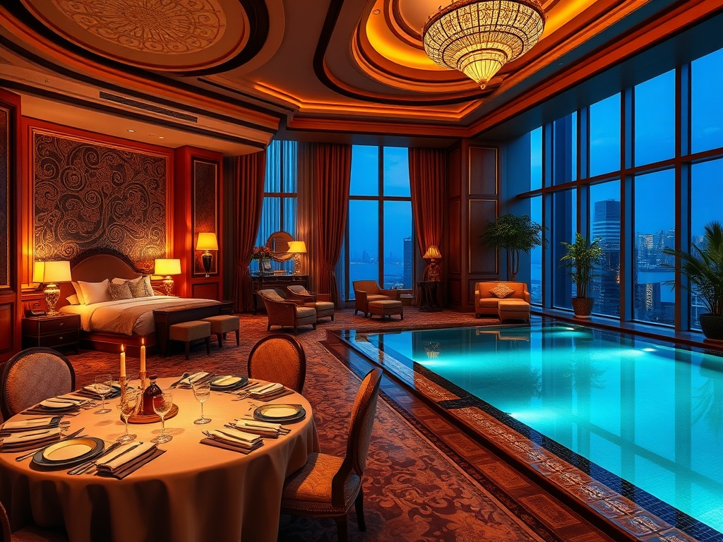 "opulent casino hotel suite" "gourmet dining table with candlelight" "serene spa pool" "attentive staff welcoming guests" "warm golden ambiance"