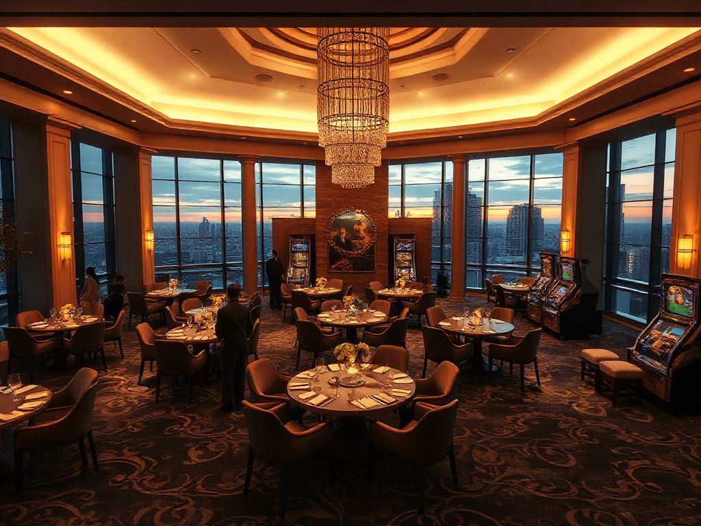 A luxurious casino hotel lobby at dusk, warm ambient lighting, elegant seating, panoramic windows, refined dining table setting, modern spa glow, inviting atmosphere, high-end realism.