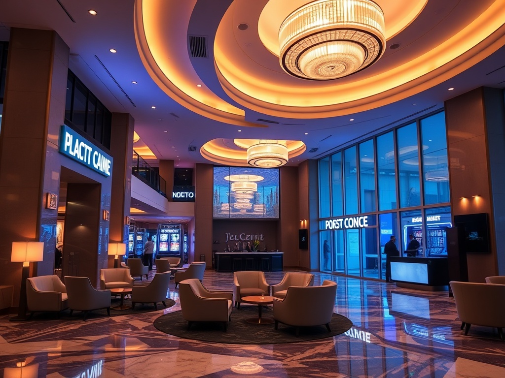 "Modern casino hotel lobby at dusk, warm ambient lighting, elegant seating, marble and glass, subtle neon reflections, smiling concierge, inviting resort vibe"