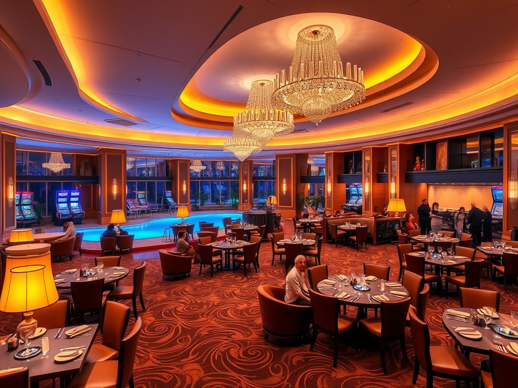 Modern luxury casino hotel resort interior, warm ambient lighting, elegant lounge seating, gourmet dining tables, spa pool glow, vibrant nightlife atmosphere, guests smiling"