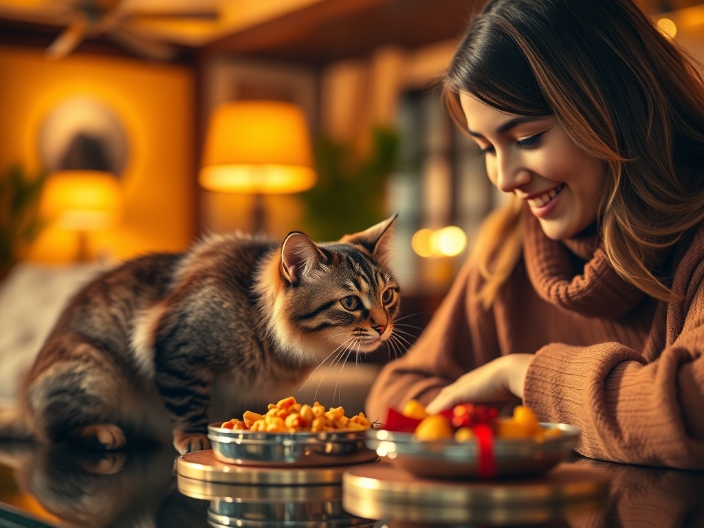 Cozy luxury interior, warm lighting, a happy cat curiously sniffing gourmet pet food beside a smiling owner, elegant resort vibe, shallow depth of field. "