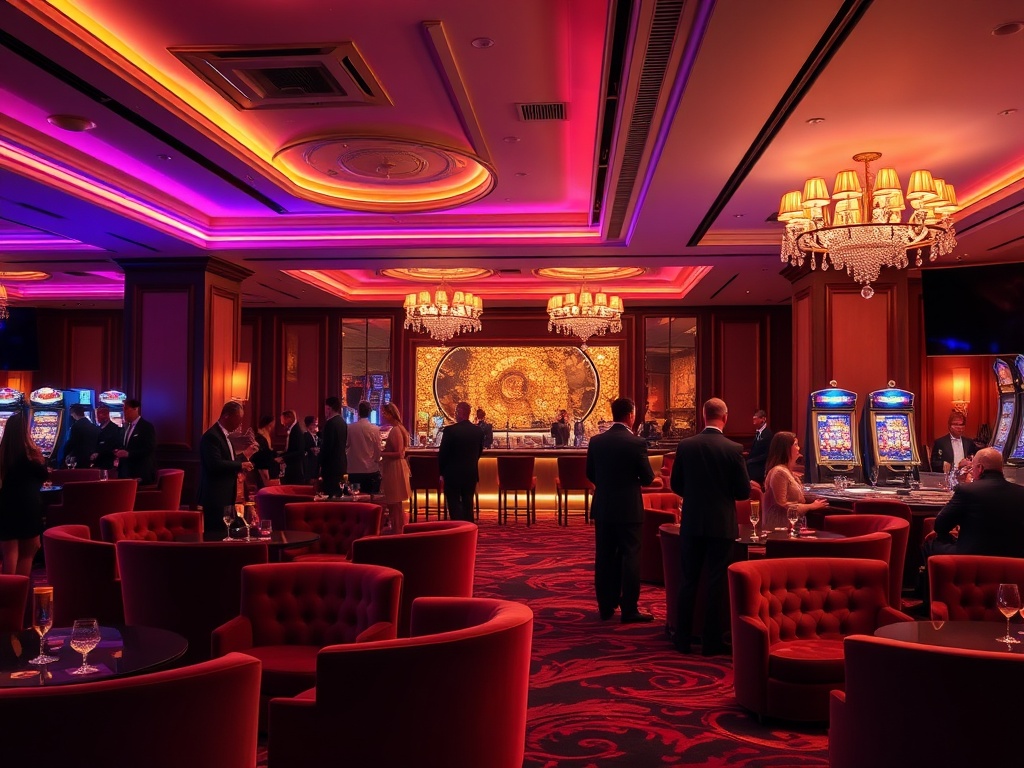 A luxurious contemporary casino hotel events lounge with warm ambient lighting, velvet seating, glowing bar, elegantly dressed guests, subtle gaming elements in background.