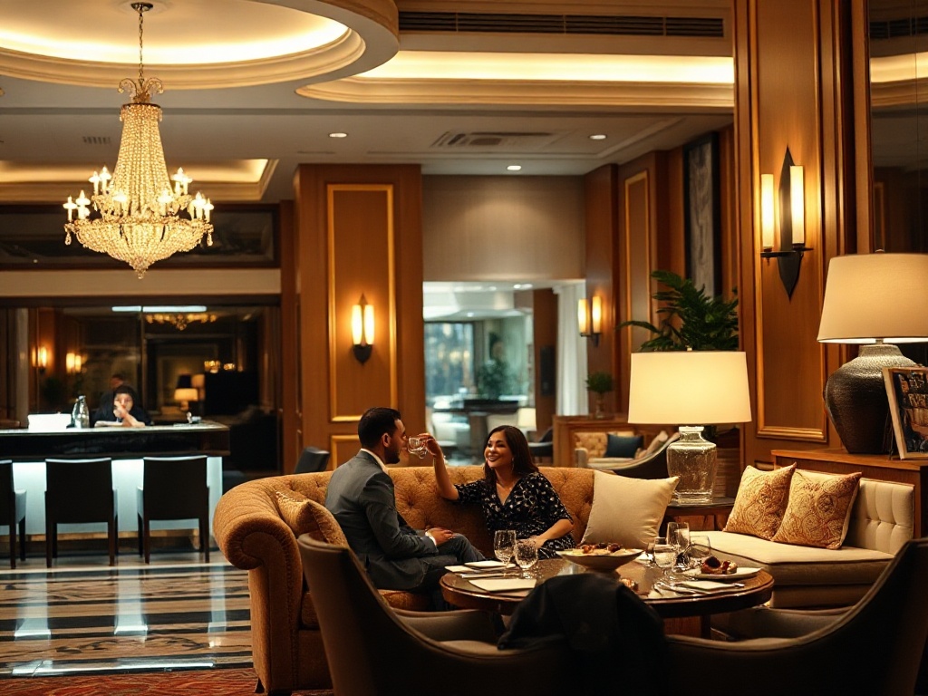 Elegant hotel lobby at night, warm ambient lighting, smiling staff offering concierge service, couple relaxing on plush sofa, gourmet dining table glowing, upscale ambiance.