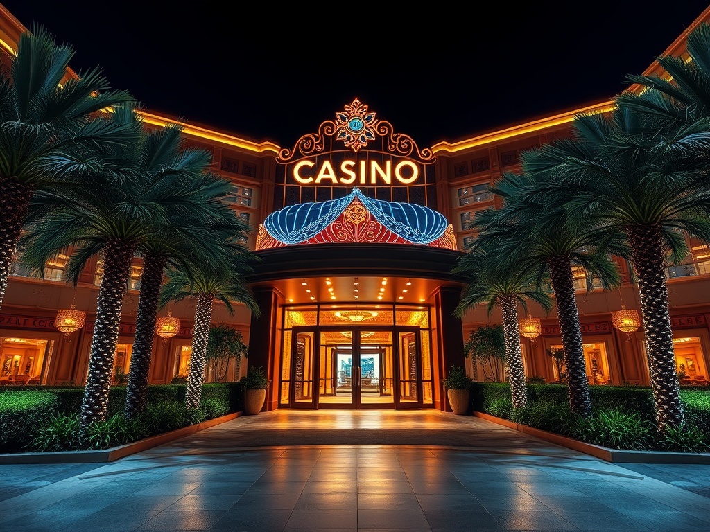 A luxurious casino hotel entrance at night, sparkling lights, elegant palm-lined walkway, grand doors, warm reflections, inviting lounge glow, serene atmosphere.