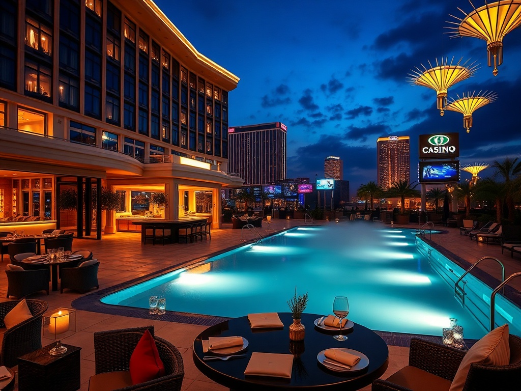 A glamorous casino hotel scene with illuminated suites, elegant lounge seating, gourmet dining table, spa pool mist, and lively entertainment lights at dusk.