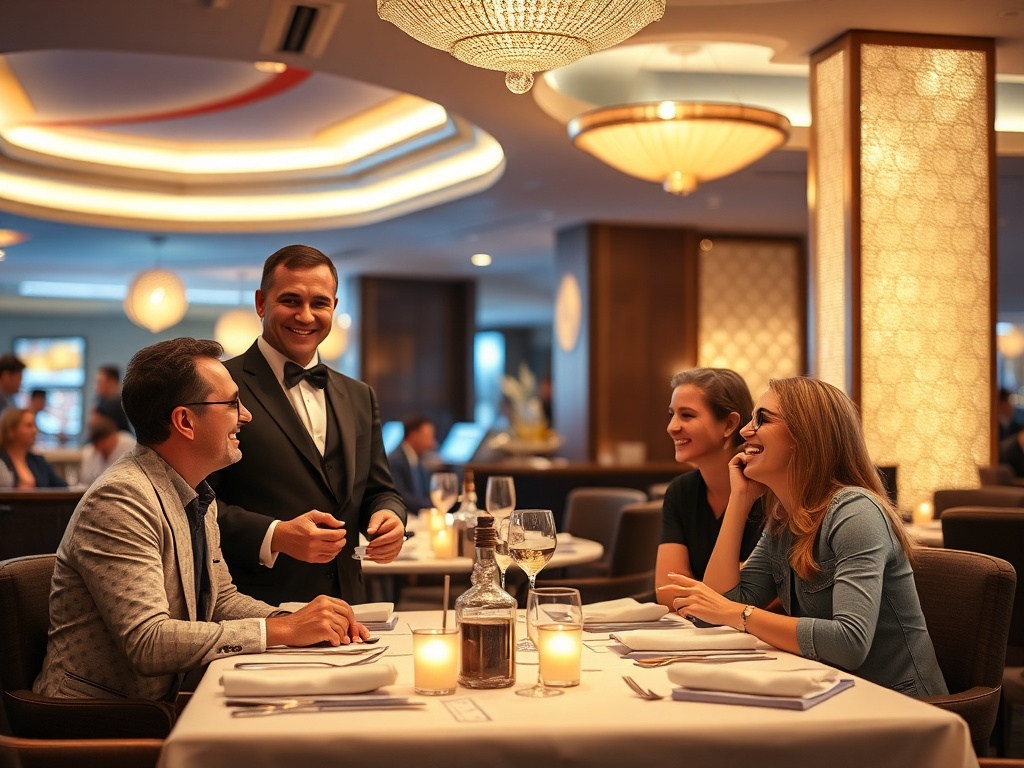 A warmly lit modern casino hotel lounge, smiling concierge offering personalized welcome, satisfied guests sharing laughter, elegant dining table, soft wellness glow, cinematic realism.