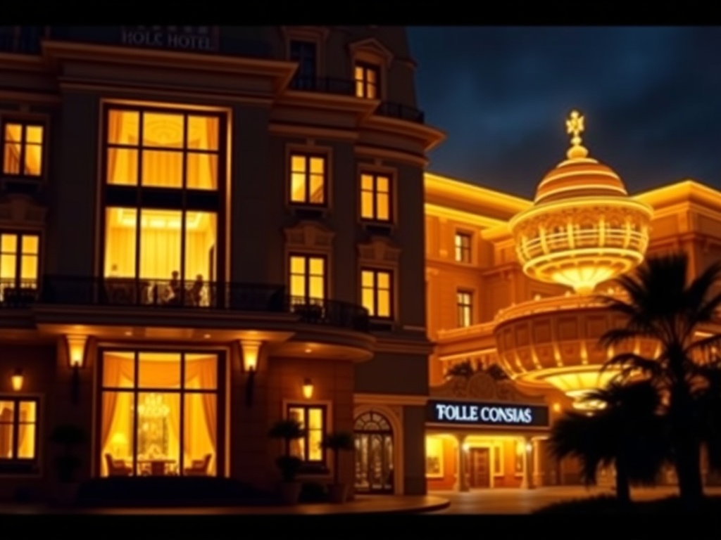 "luxury hotel facade" at night with warm lights, "elegant suite window" glow, "golden casino" interior haze, welcoming silhouette.