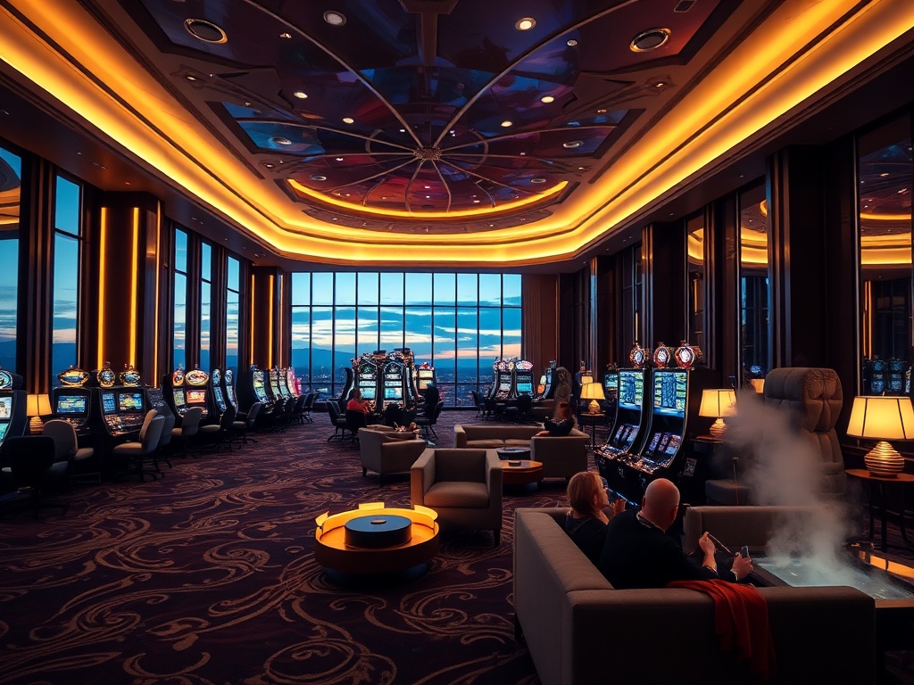 Luxurious casino hotel interior at dusk, warm ambient lighting, elegant suites, subtle gaming glow, guests relaxing on modern lounge sofas, wellness spa steam, cinematic depth of field.