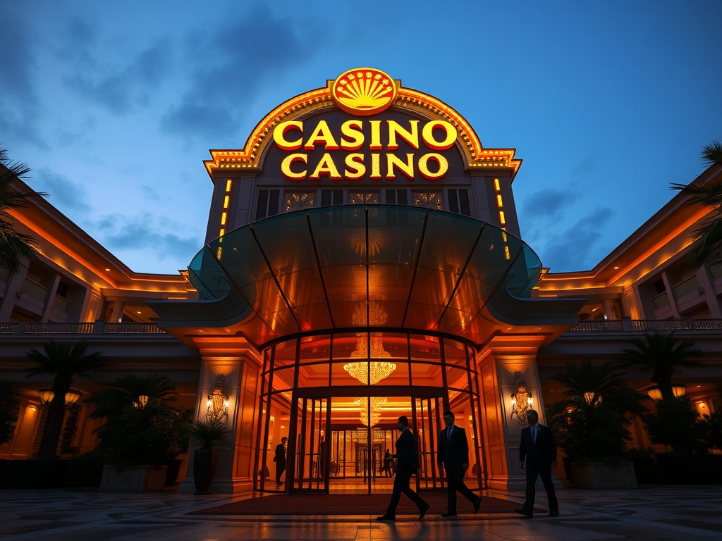 A luxurious casino hotel resort entrance at dusk, warm golden lights, elegant glass-and-marble lobby glow, welcoming staff silhouettes guiding guests, stylish atmosphere.