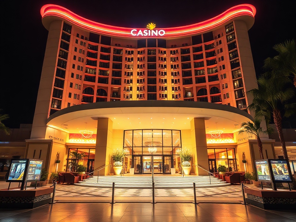 “modern luxury casino hotel at night” “glowing entrance and elegant suites visible” “warm concierge presence” “spa steam ambiance” “velvet lounges” “soft cinematic lighting”