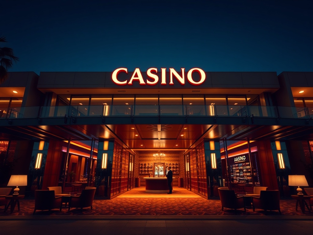 Modern luxurious casino hotel entrance at night, warm ambient lighting, elegant lounge seating, subtle glass-and-metal architecture, welcoming concierge gesture, inviting resort atmosphere.