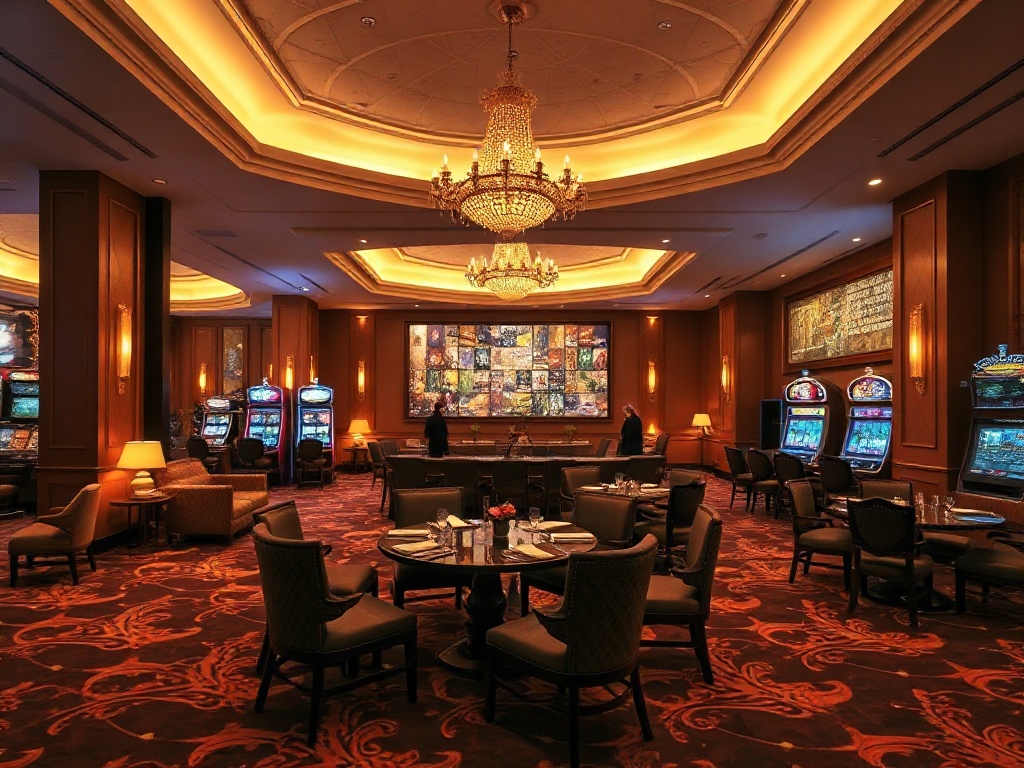 "Luxurious casino hotel interior with warm ambient lighting, elegant seating lounge, shimmering gaming area in background, gourmet dining table, spa-style relaxation corner, inviting atmosphere." " "You MUST not include ANY brand images or logos. " "You m