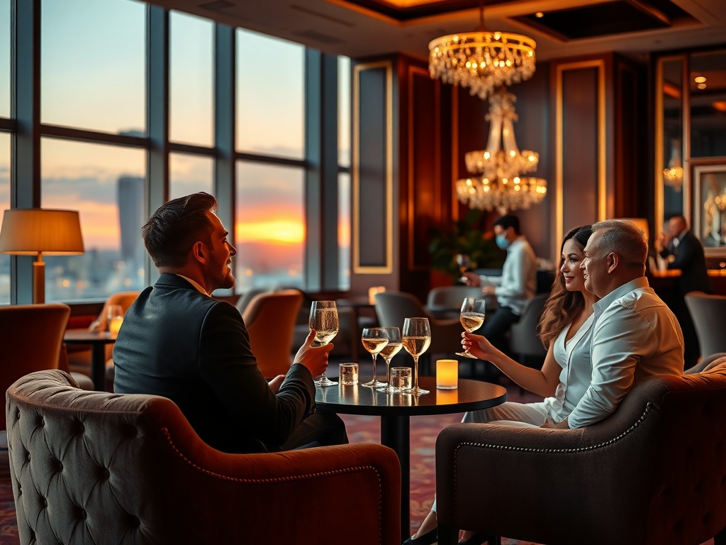 "luxury casino hotel lounge at golden hour, elegant couples chatting, smiling concierge, soft velvet sofas, warm lights, subtle casino ambience, wellness scent mood, cinematic."