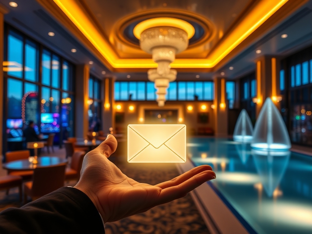 "luxury casino hotel lounge" "glowing evening lights" "welcoming concierge gesture" "enamel-gold accents" "soft poolside glow" "envelope icon made of light"