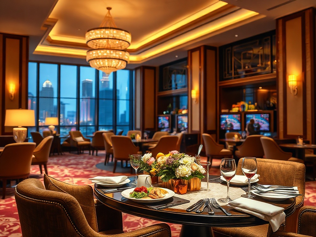 "Elegant casino hotel lobby with warm golden lighting, plush lounge seating, a gourmet dining table with fine cuisine, subtle gaming atmosphere in background, luxurious style, welcoming hospitality, cinematic depth." " "You MUST not include ANY brand imag