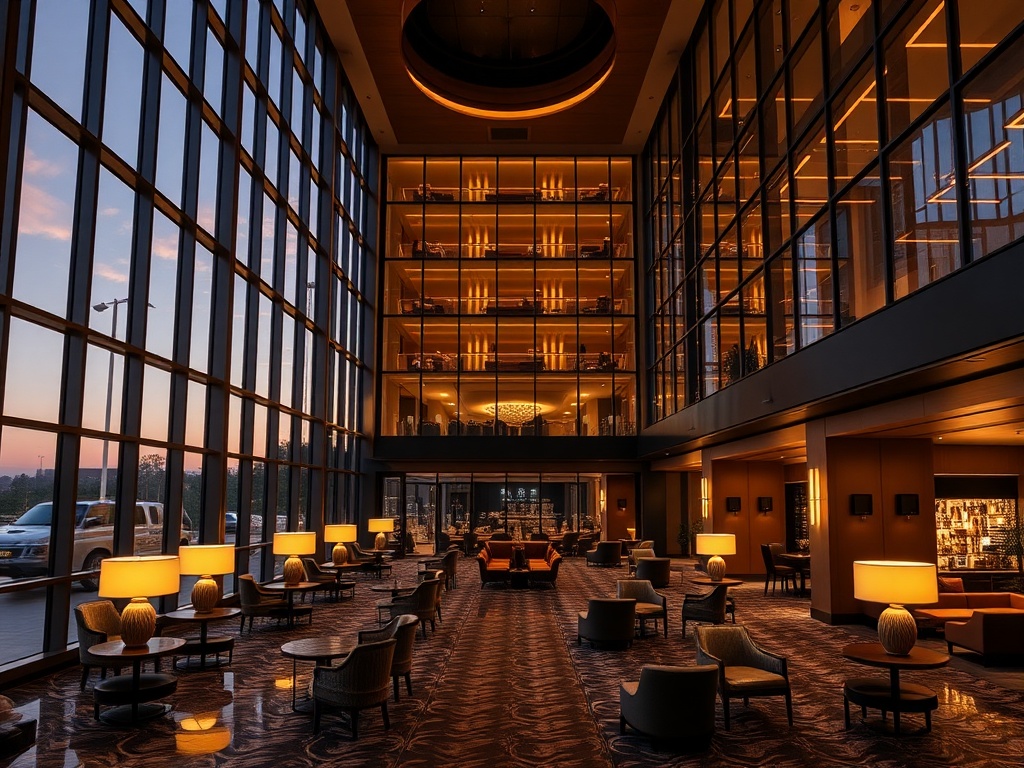 "Modern luxe casino resort at dusk" "warm elegant lobby" "soaring windows" "soft ambient lighting" "chic lounge seating" "concierge-style welcome atmosphere"