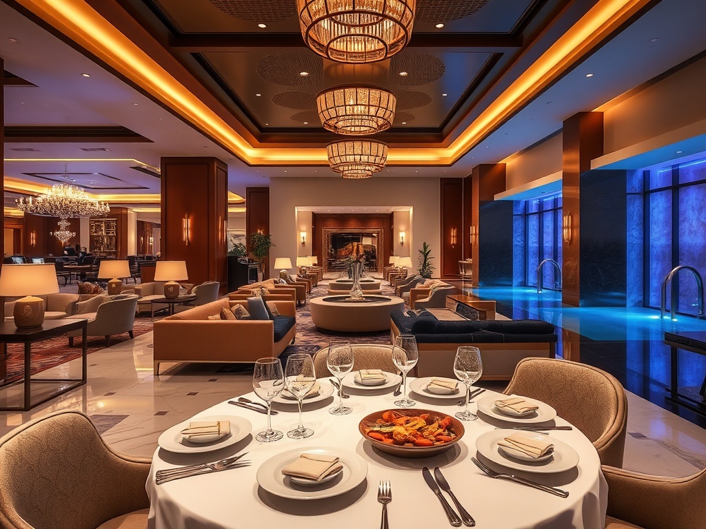 Modern casino hotel interior lobby, elegant sofas, warm lighting, gourmet dining table with plated dishes, serene spa pool in background, inviting atmosphere"