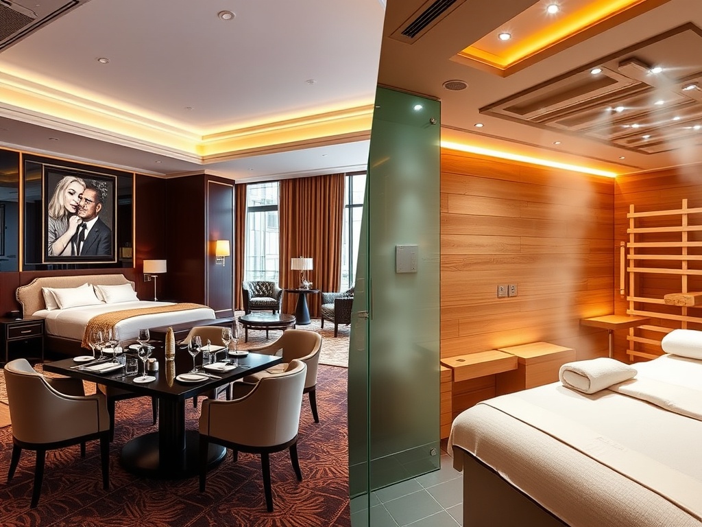 Split-scene modern casino hotel interior; elegant suite lounge with plush bed; gourmet restaurant table; serene wellness spa with sauna steam and massage bed; warm lighting."