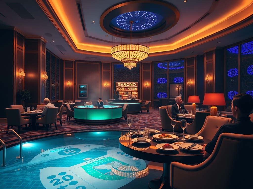 "luxury casino hotel lobby at night with warm lighting, elegant dining table with gourmet plates, spa pool steam, relaxed guests, plush seating" "You MUST not include ANY brand images or logos. You may ONLY reply with the format given."