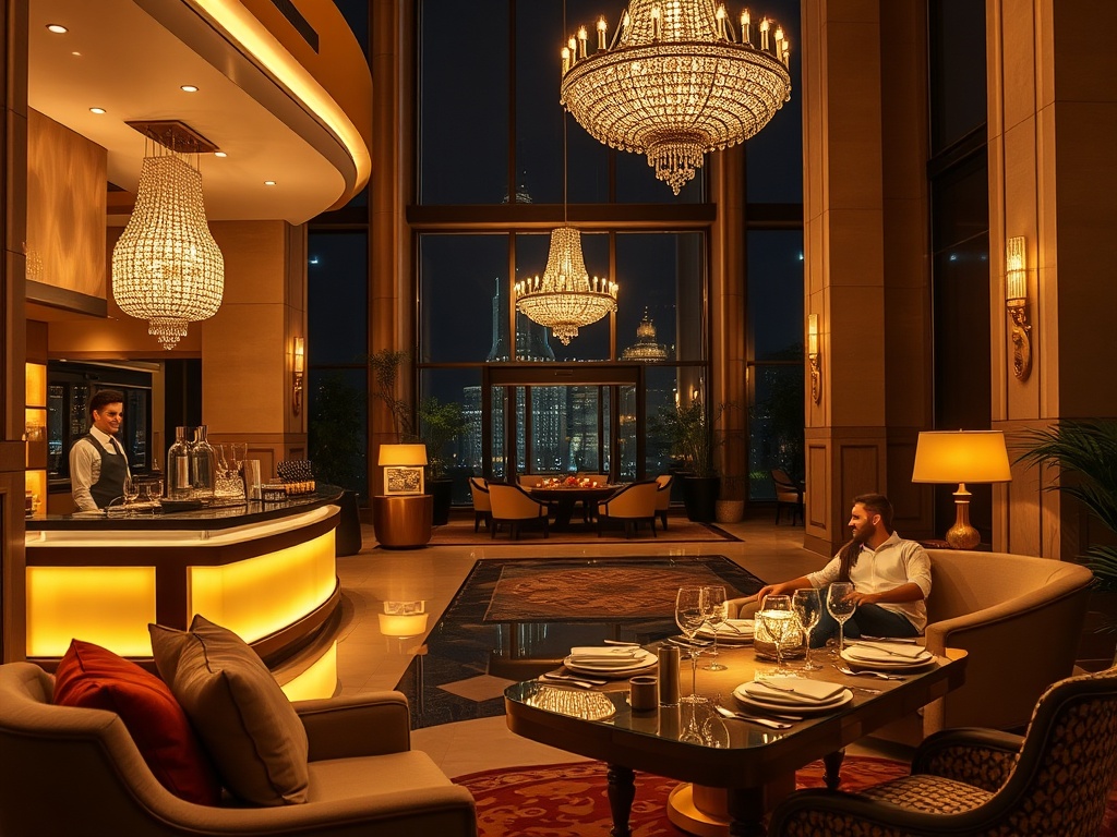 Elegant hotel lobby at night, warm ambient lighting, smiling staff offering concierge service, couple relaxing on plush sofa, gourmet dining table glowing, upscale ambiance.