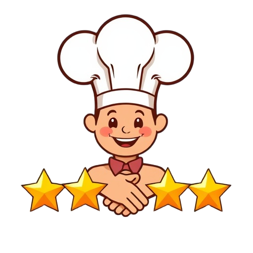 "five stars" "chef hat" "percent badge" "heart handshake" "gourmet plate" "luxury lobby" "warm light" "welcoming smile"