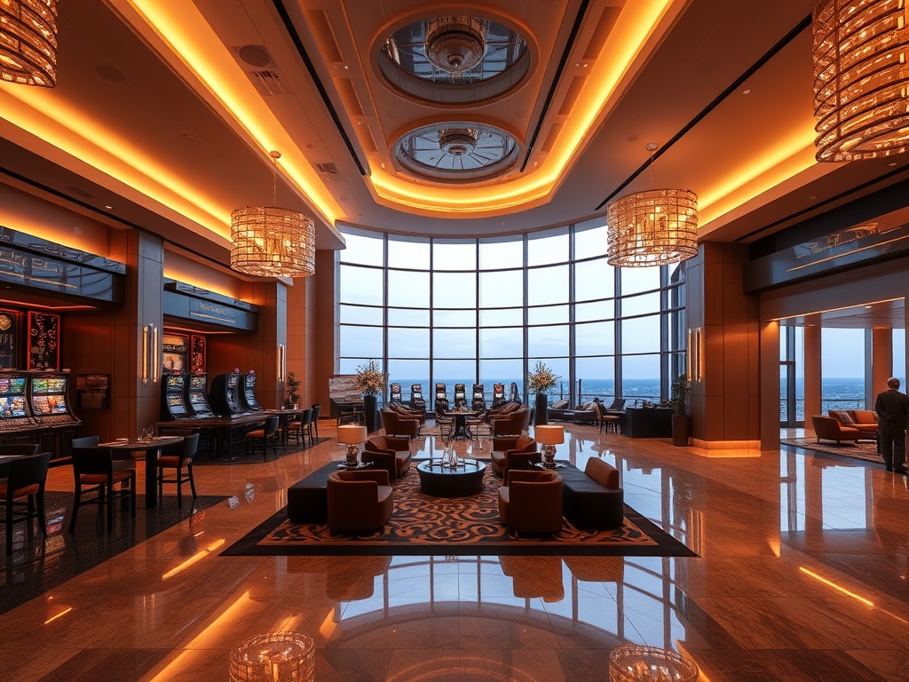 Modern luxury casino hotel interior, elegant lobby with warm ambient lighting, polished stone floors, stylish lounge seating, panoramic windows, inviting hotel rooms.