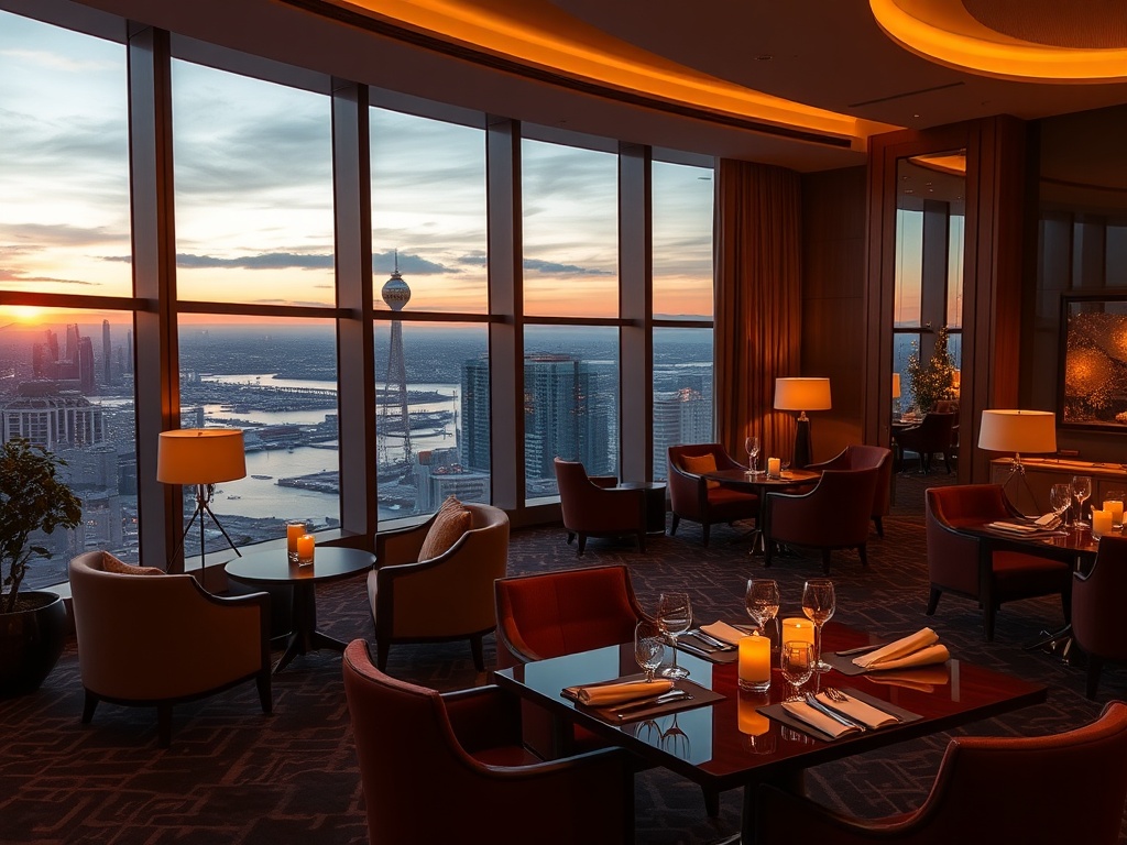 "Luxury casino hotel interior at golden hour, elegant suite seating by large windows, a refined dining table with soft candlelight, inviting lounge with warm ambient glow, modern decor." "You MUST not include ANY brand images or logos. You may ONLY reply
