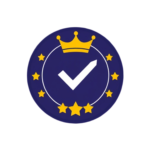 Carefully describe an image in great detail that needs to be generate, use quotes to split visual things. "luxury crown" "check mark" "star sparkle" showing a circular prestige badge with a stylized crown on top, a prominent tick/check symbol in the cente