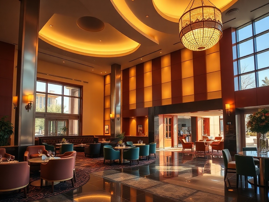 "luxurious casino hotel resort at golden hour" "elegant illuminated lobby with velvet seating" "glowing wellness spa entrance" "stylish dining ambiance" "inviting warm light"
