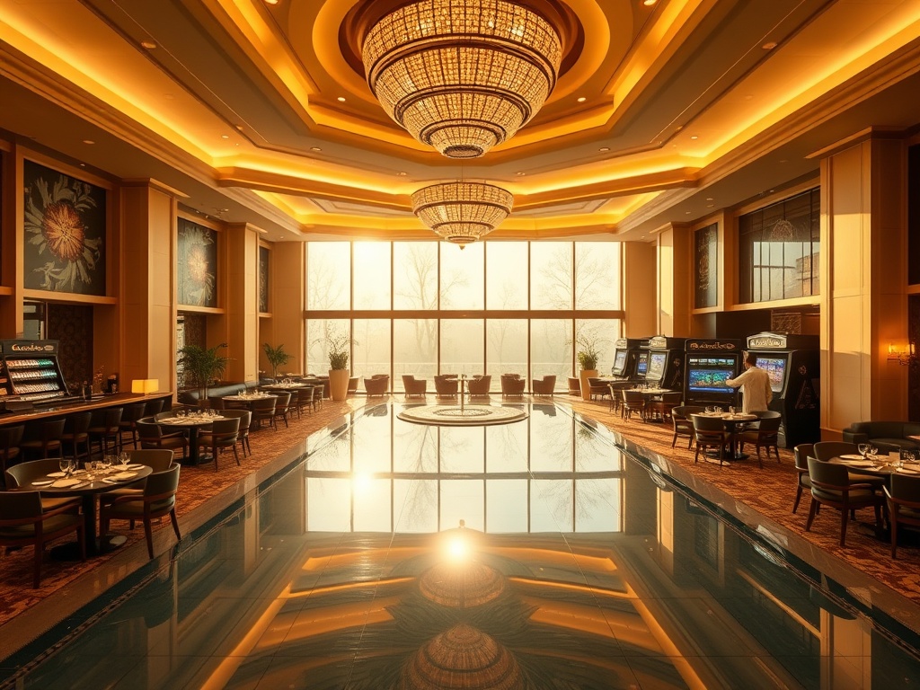 A luxurious casino hotel interior at golden hour, elegant guest lounge, gourmet dining tables, shimmering bar lights, subtle gaming ambience, modern leisure pool, warm attentive staff, cinematic depth. "