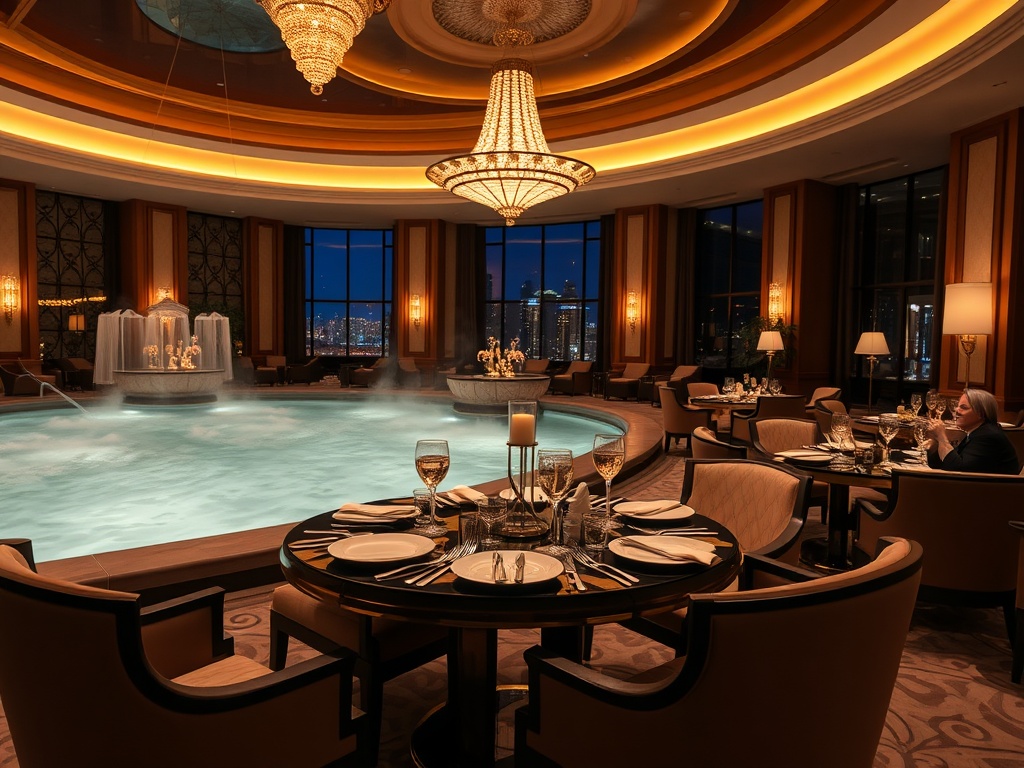 "luxury casino hotel lobby at night with warm lighting, elegant dining table with gourmet plates, spa pool steam, relaxed guests, plush seating" "You MUST not include ANY brand images or logos. You may ONLY reply with the format given."