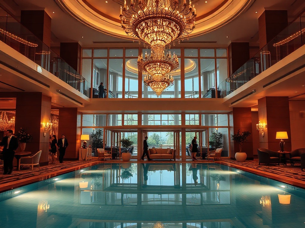 "luxury casino hotel hero scene" "elegant entrance" "glowing chandeliers" "warm lobby lounge" "people in formal attire" "poolside serenity" "modern wellness hints"