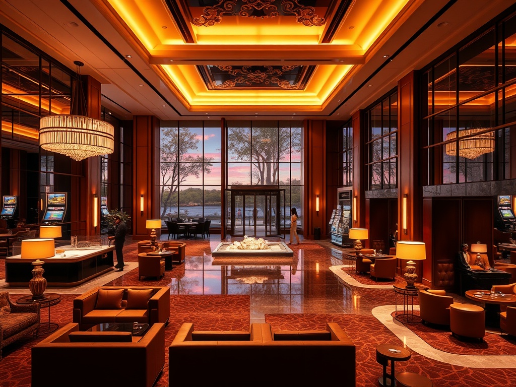 A modern casino hotel lobby with warm ambient lighting, elegant sofas, a marble reception desk, gourmet dining view, serene spa entrance, stylish guests, cinematic depth.