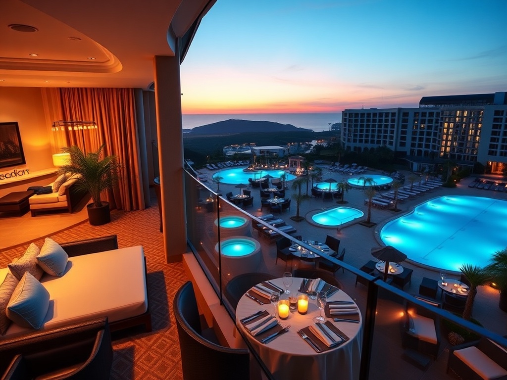 “luxury casino hotel hero scene”, “spacious suite balcony overlooking glowing resort pools at dusk”, “soft warm lighting”, “wellness spa steam”, “fine dining ambiance”