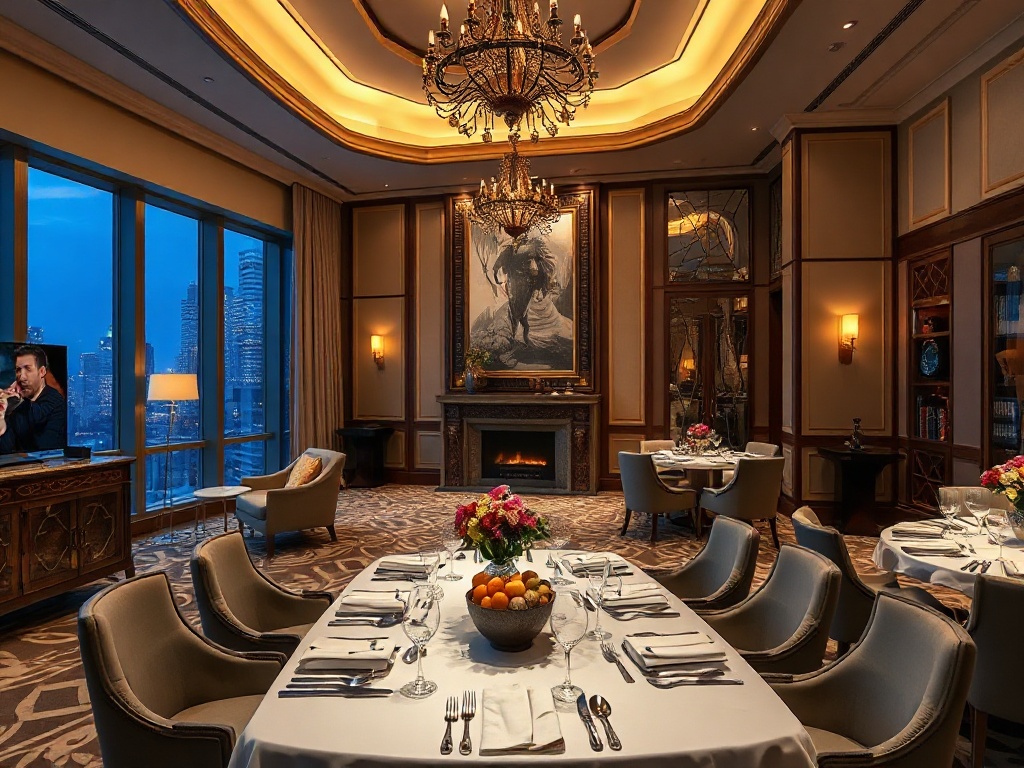 A luxurious casino hotel interior scene with elegant guest room suite, gourmet dining table, and modern leisure lounge, warm ambient lighting, subtle entertainment atmosphere.