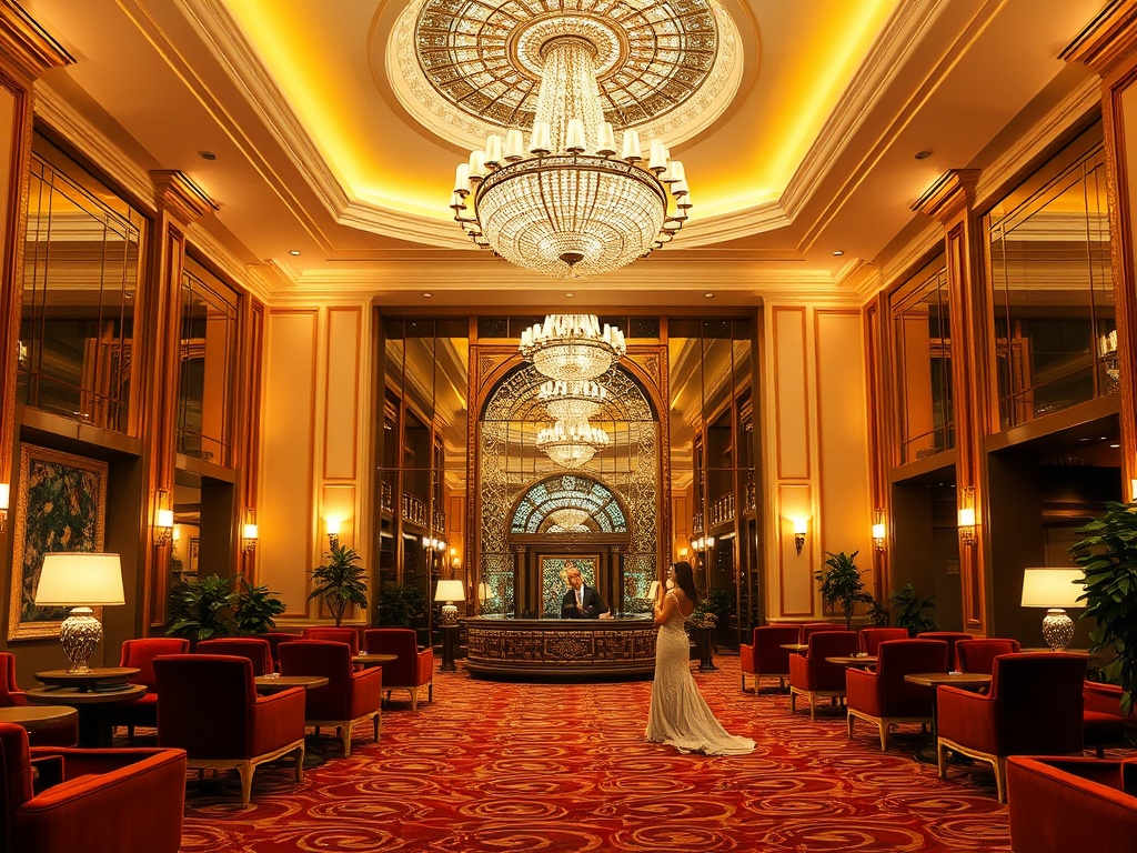 An elegant casino hotel lobby with warm golden lighting, velvet seating, a welcoming concierge, shimmering chandelier reflections, and a romantic couple.