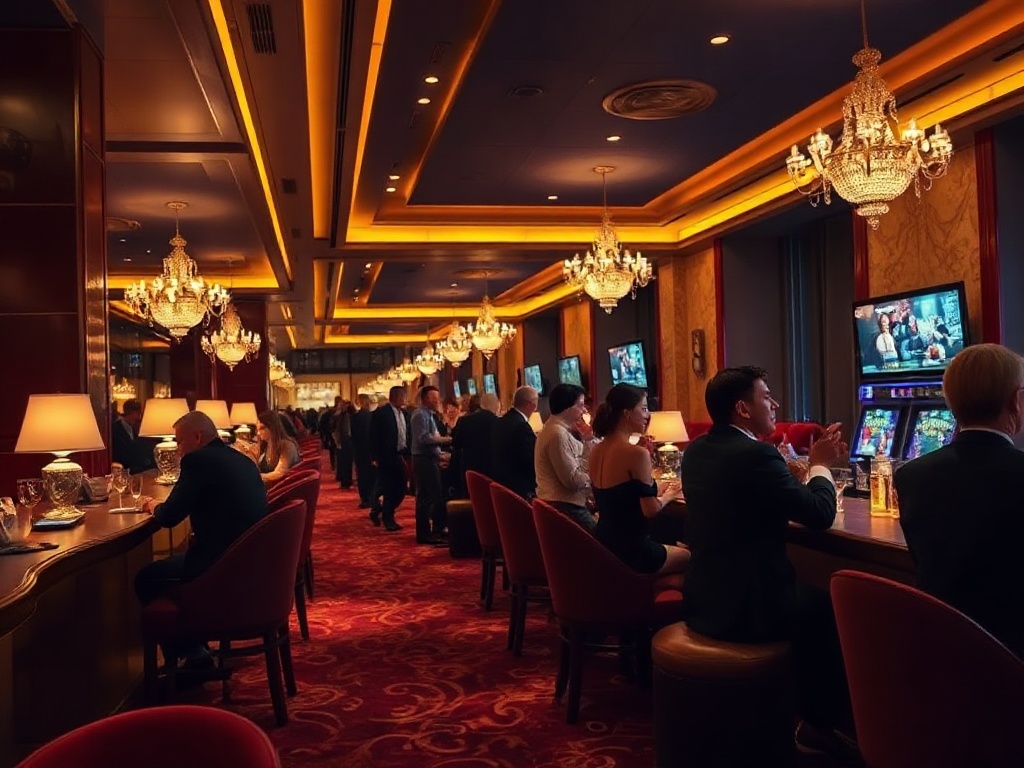A glamorous casino hotel lounge at night, warm golden lights, elegant guests smiling, velvet seating, sparkling bar, subtle entertainment ambiance.