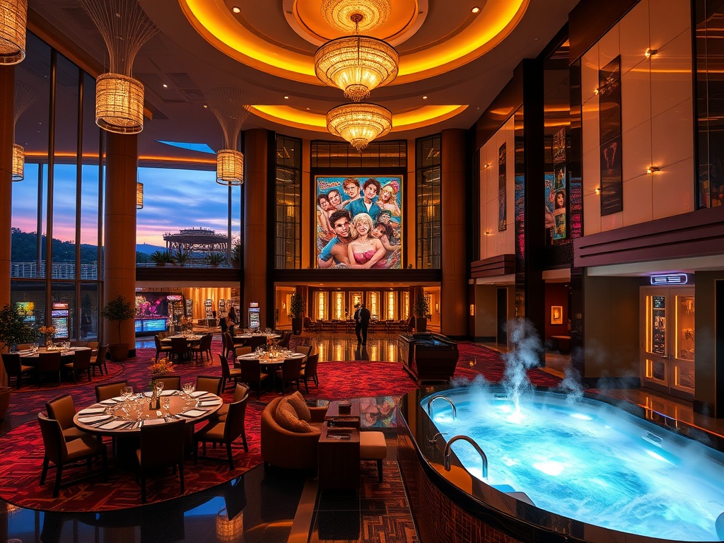 Luxurious modern casino hotel lobby at dusk, elegant glowing suites, gourmet dining table, serene spa steam, vibrant entertainment lights, inviting atmosphere, no people.