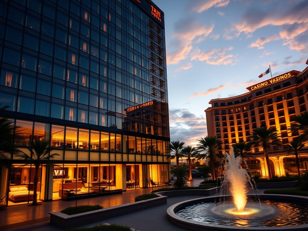 "Modern casino hotel hero scene at dusk, elegant glass facade, warm interior glow, stylish lounge silhouettes, luxury bed glimpse, subtle fountain reflections, inviting resort lighting." "You MAY only use up to 25 words." "You MUST not include ANY brand i