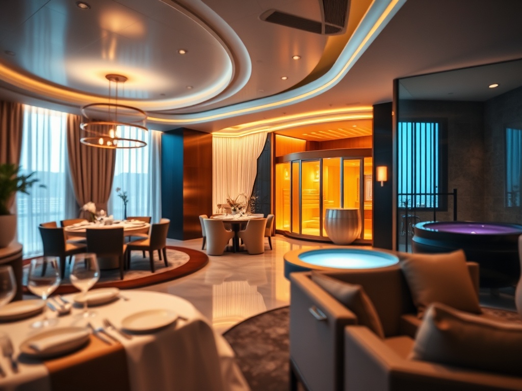A luxurious casino hotel scene combining "elegant suite interior" "gourmet restaurant dining" "spa with glowing saunas" and "wellness lounge", warm lighting, modern decor, cinematic depth of field. "You MAY only use up to 25 words." "You MUST not include 
