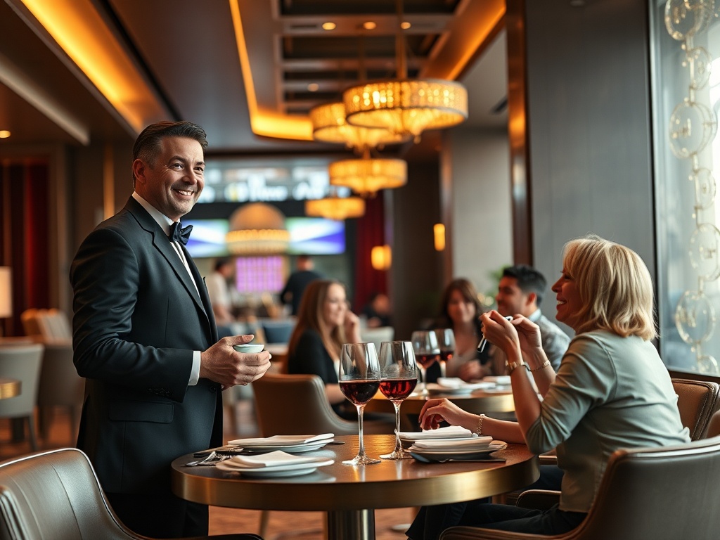 A warmly lit modern casino hotel lounge, smiling concierge offering personalized welcome, satisfied guests sharing laughter, elegant dining table, soft wellness glow, cinematic realism.