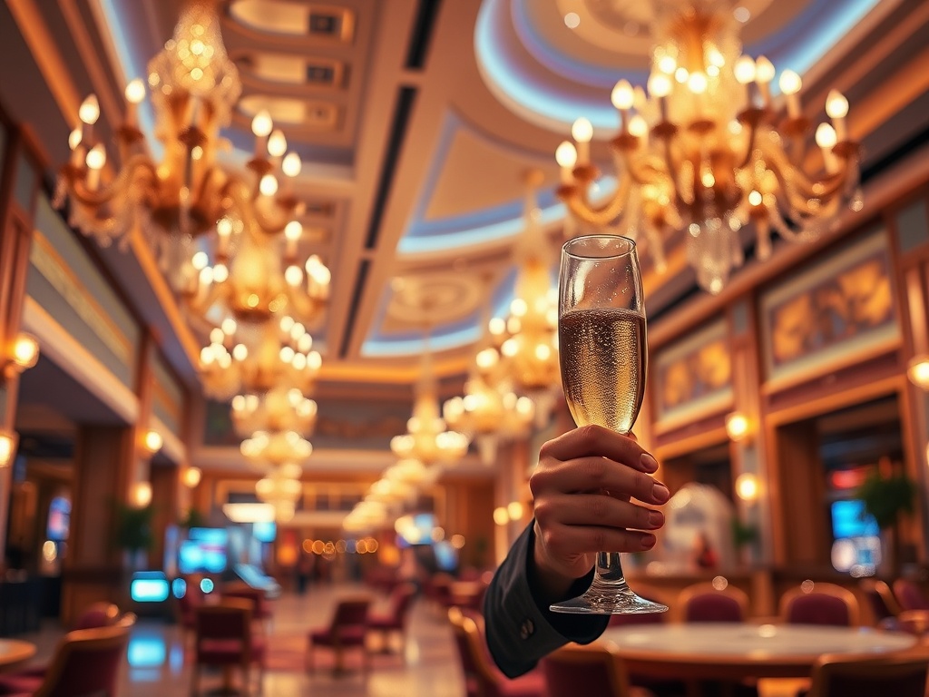 "luxury casino hotel lobby" glowing chandeliers "golden evening ambiance" elegant concierge gesture "sparkling champagne" soft bokeh lights "five-star feel"