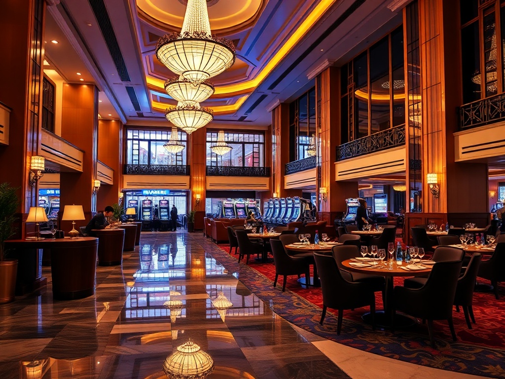 A luxurious casino hotel lobby at night, warm lighting, elegant seating, a chef-prepared gourmet dining scene, attentive concierge gestures, plush calm atmosphere, vibrant ambience.