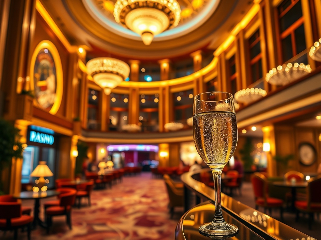 "Opulent casino hotel lobby at night, warm golden lights, velvet lounge, sparkling champagne coupe, elegant suite balcony, soft bokeh, inviting glow, resort vibe."