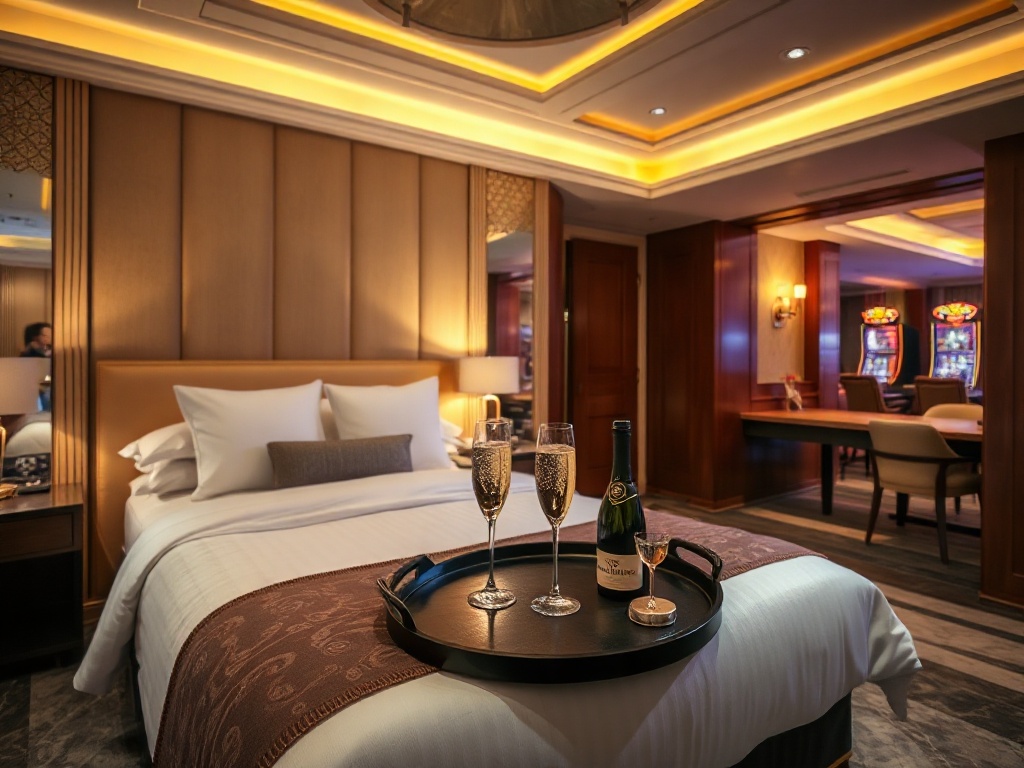 "luxury casino hotel suite with elegant bed, warm ambient lighting, marble accents, serving tray with sparkling champagne, distant gaming lights, inviting lounge"