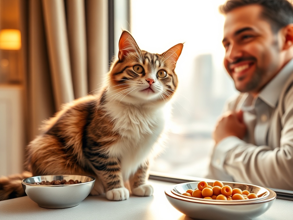 "A joyful domestic cat at a luxurious hotel suite window" "charming owner smiling nearby" "bowls with fresh gourmet cat food" "soft warm lighting" "elegant modern decor"